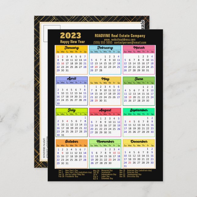 Cartão Postal Negócio de Script Dourado Preto Moderno de Calendá (Frente/Verso)