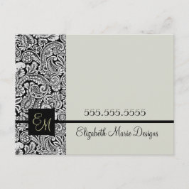 Cartão Postal Negócios Monogramados de Damasco Preto Elegante