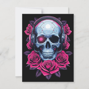 Cartão Postal Néon Cyber Death Skull e Rosas Black