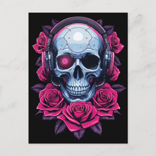 Cartão Postal Néon Cyber Death Skull e Rosas Black (Frente)