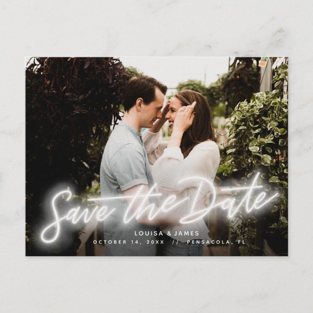 Cartão Postal Neon Horizontal Photo Save the Date Postcard (Frente)