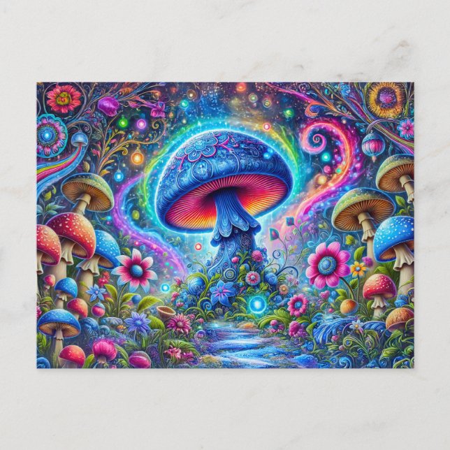 Cartão Postal Neon Mushroom Glow Psychedelic Fantasy Forest (Frente)