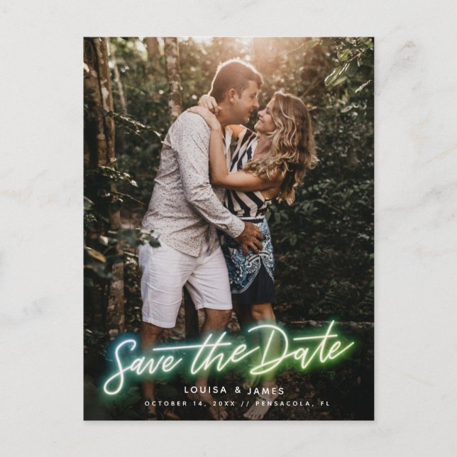 Cartão Postal Neon Vertical Photo Save the Date Postcard (Frente)