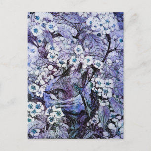 CARTÃO POSTAL NESTE DE PÁSSAROS, ÁRVORE COM FLORES DE PRIMAVER