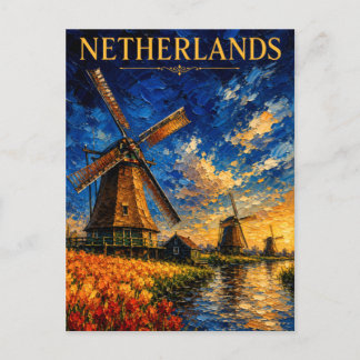 Cartão Postal Netherlands: Golden Sunset Windmill Art Souvenir