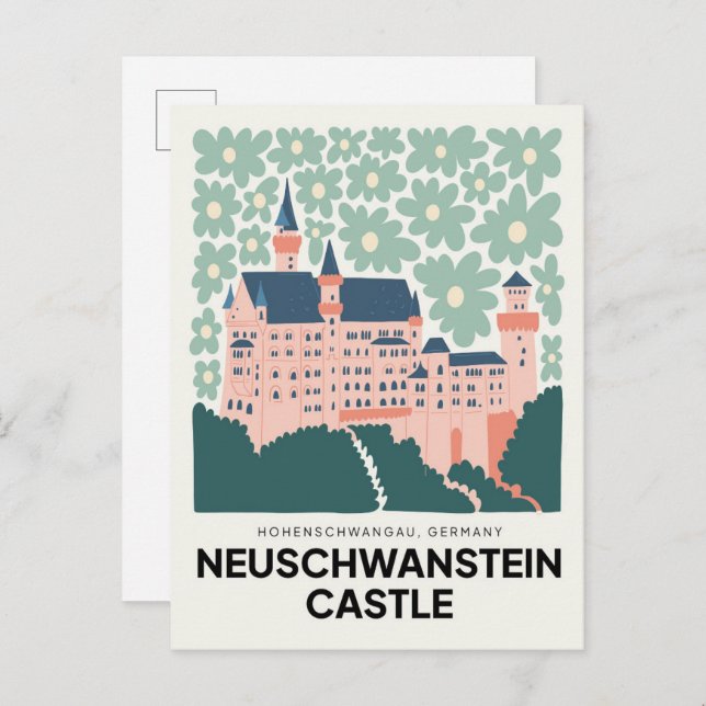 Cartão Postal Neuschwanstein Castle Alemanha viagem arte floral (Frente/Verso)