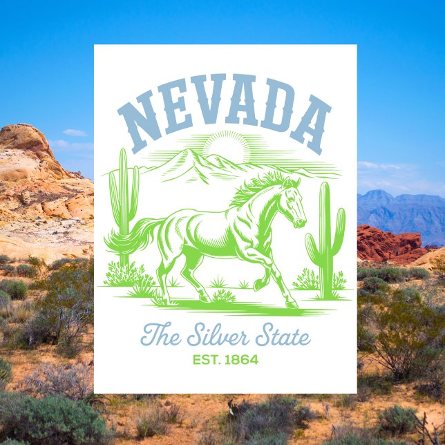 Cartão Postal Nevada O Estado Prata Est. 1864 Cavalo Selvagem (Nevada The Silver State Est. 1864 Wild Horse Postcard
)