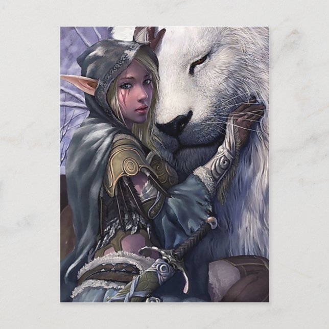 Cartão Postal Neve+Elf+Rapariga+Com+Leão (Frente)