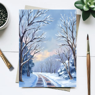 Cartão Postal Neve Fresca   Estrada de Inverno Aquarela Natureza