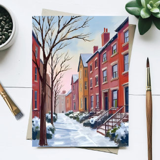 Cartão Postal Neve na Cidade | Pintura em Aquarela de Inverno