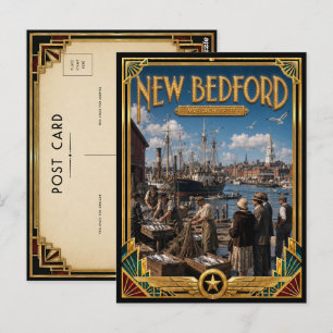 Cartão Postal New Bedford Massachusetts Arte Deco Vintage Dourad