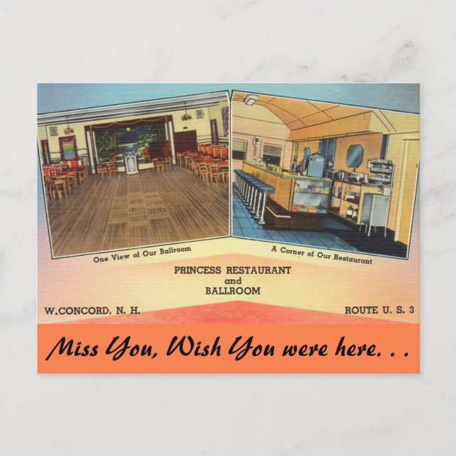 Cartão Postal New Hampshire, Princesa Restaurante, Concord (Frente)