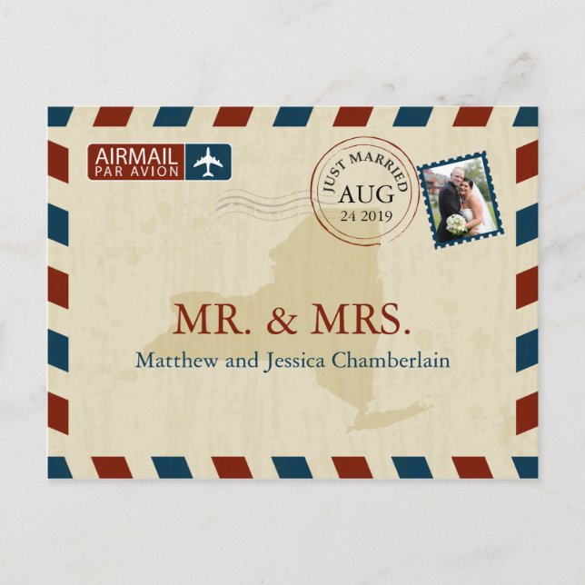 Cartão Postal New York Airmail | Casamento Obrigado (Frente)