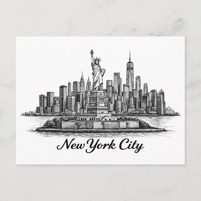 Cartão Postal New York City Skyline Line Art Illustration (Frente)