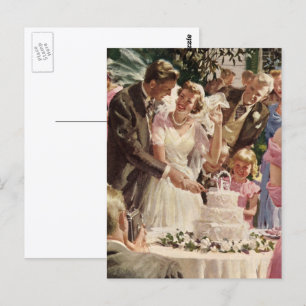 Cartão Postal Newlyweds do casamento vintage Noivo Corte o Bolo