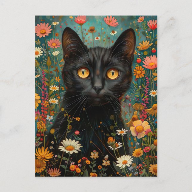 Cartão Postal niedliche Illustration schwarze Katze mit Blumen (Frente)