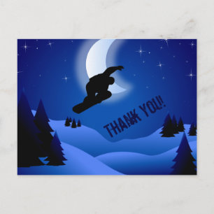Cartão Postal Night Snowboard Mountain e Moon Obrigado