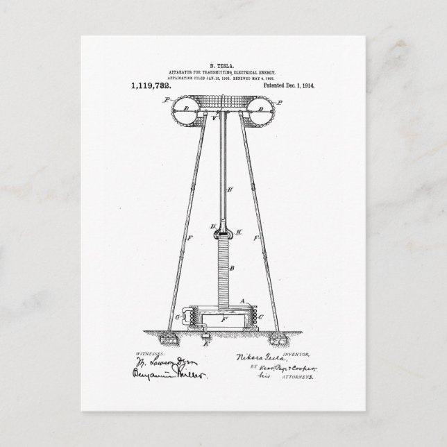 Cartão Postal Nikola Tesla Energy Transmission Pantent US1119732 (Frente)