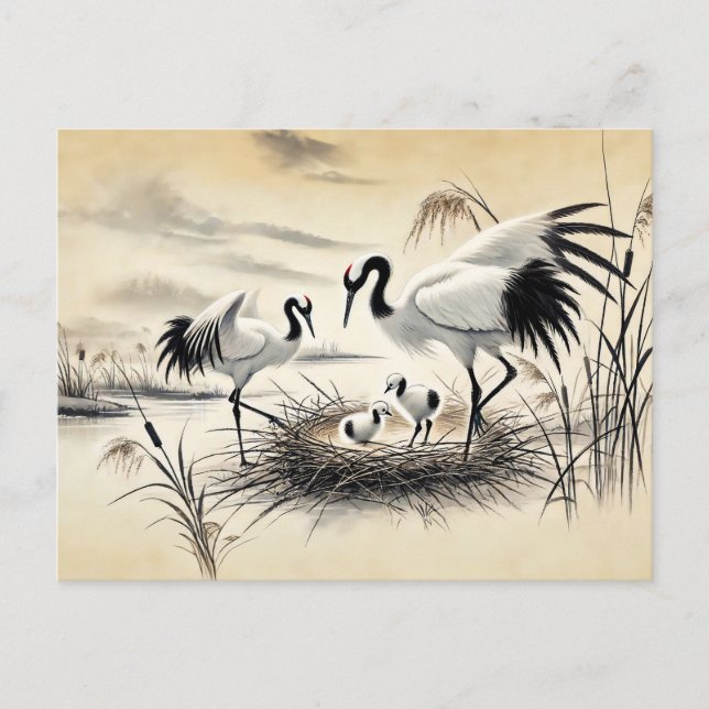 Cartão Postal Ninho de Grous em seu Ninho Pintura Chinesa a Tint (Frente)