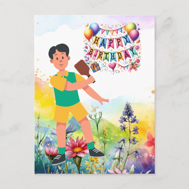 Cartão Postal Niver com tema de pickleball com flores arco-íris (Frente)