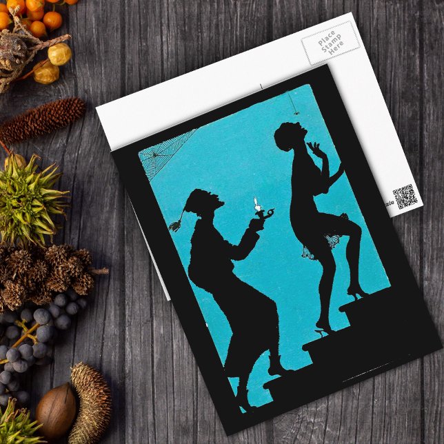 Cartão Postal No Cartão-postal de Etapas Spooky (Spooky couple in black silhouette on stairs with candle spiders on deep aqua and black postcard.)