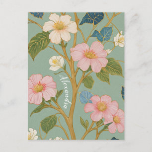 Cartão Postal No Flor: Ramificação de Pastel com Flores Rosa