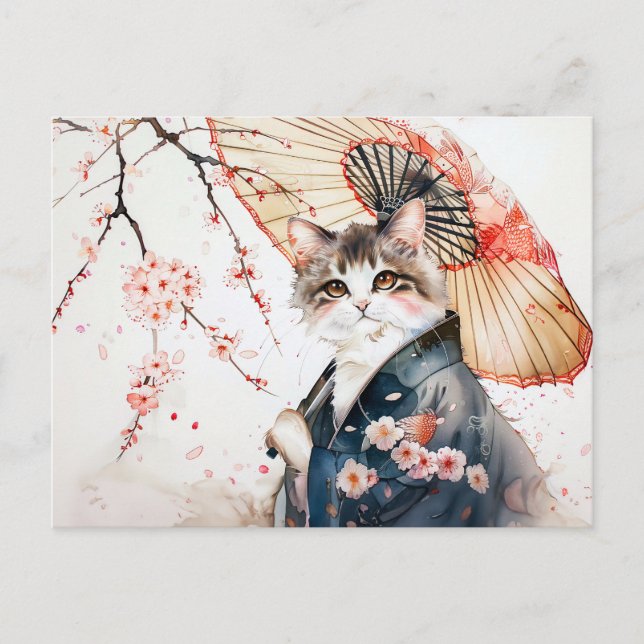 Cartão Postal Noble Geisha Cat com Bambu Umbrella em chinês (Frente)