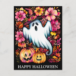 Cartão Postal Noite Assustadora de Halloween com Bruxa