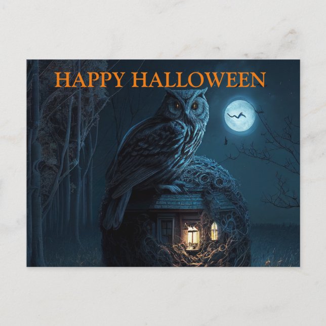 Cartão Postal Noite Assustadora de Halloween com Corujas (Frente)