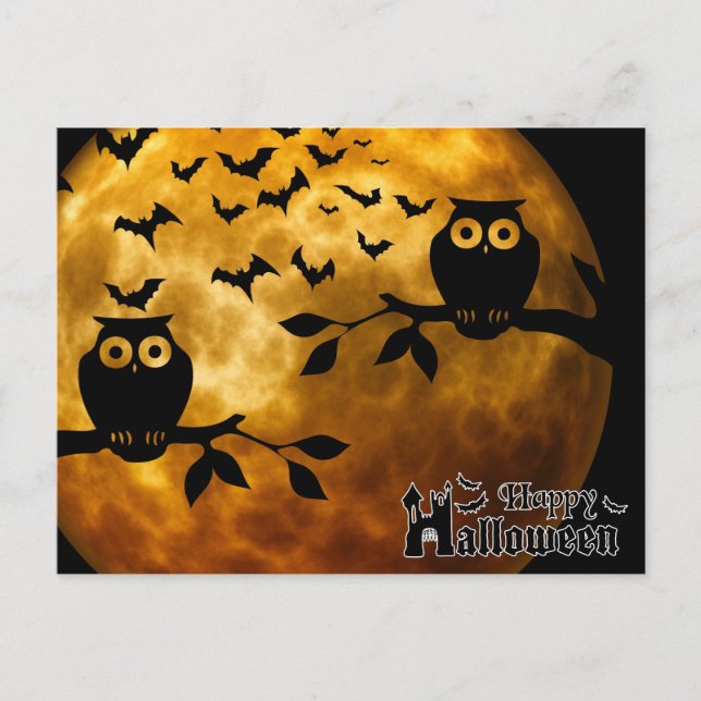 Cartão Postal Noite Assustadora de Halloween com Corujas (Frente)