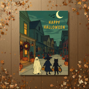 Cartão Postal Noite de Halloween Vintage de Doce ou Travessura 