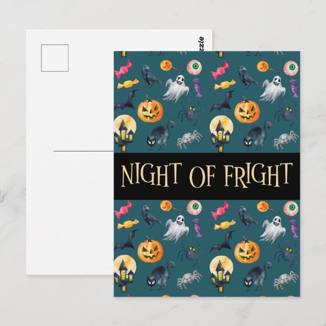 Cartão Postal "Noite de Susto" Padrão Verde do Halloween (Frente/Verso)