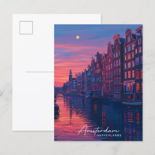 Cartão Postal Noite em Amsterdã, na Holanda, Viagem