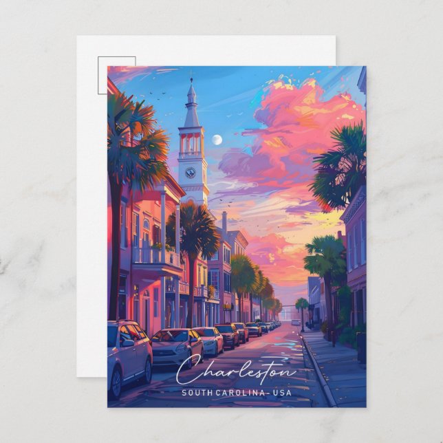Cartão Postal Noite em Charleston Carolina do Sul Viagem (Frente/Verso)