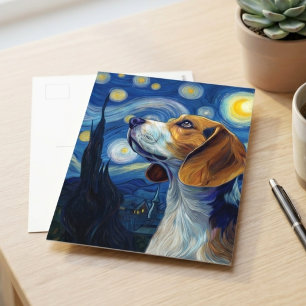 Cartão Postal Noite Estrelada Beagle Cachorro Arte Impressionist
