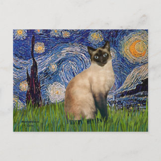 Cartão Postal Noite Estrelada - gato Siamês de pontas seladas