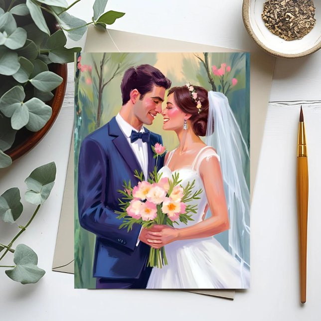 Cartão Postal Noiva & Noivo | Aquarela de Casamento Recém-Casado (Criador carregado)