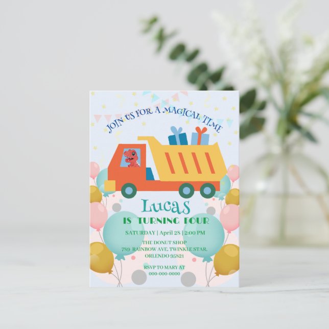 Cartão Postal Nome da festa de aniversário Caminhão de lixo dino (Em pé/Frente)