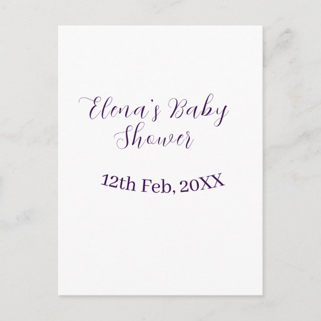 Cartão Postal nome data do chá de bebê roxo elegante simples (Frente)