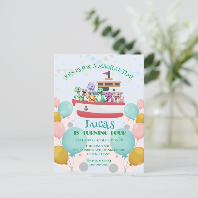 Cartão Postal Nome de festa de aniversário de iate de dinossauro (Em pé/Frente)