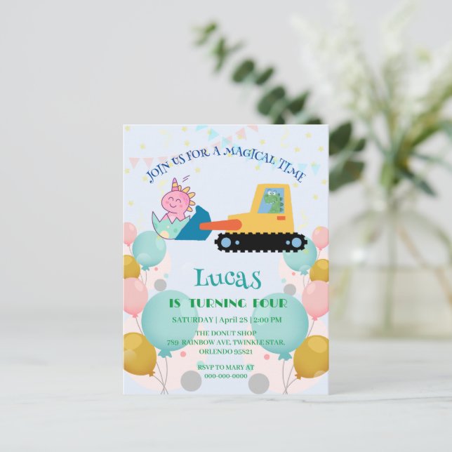 Cartão Postal Nome DIY festa de aniversário trator dinossauro en (Em pé/Frente)