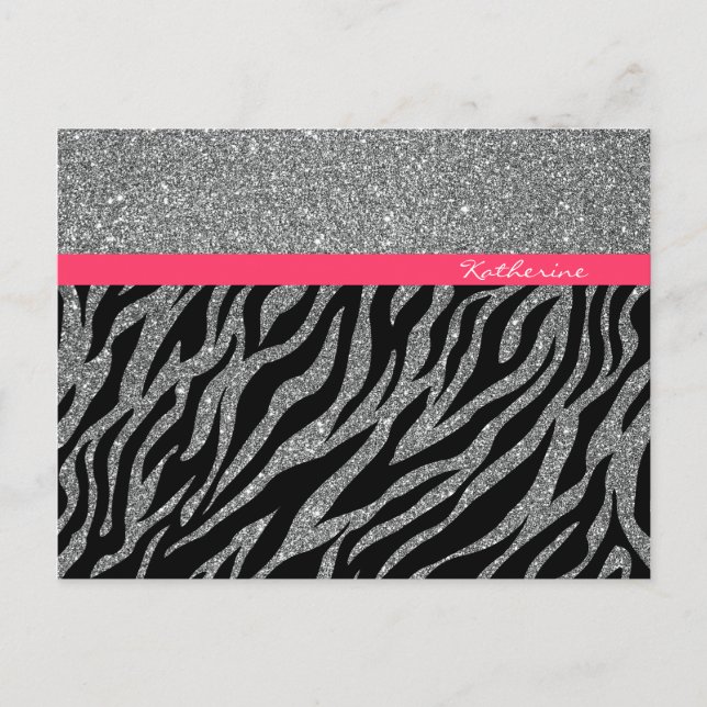 Cartão Postal Nome Glam Zebra Rosa Prata Brilho Personalizado Fe (Frente)