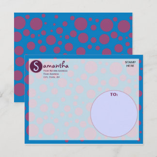 Cartão Postal Nome Inicial Azul Roxo Pontos Polka Luas Círculos 