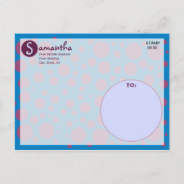 Cartão Postal Nome Inicial Azul Roxo Pontos Polka Luas Círculos