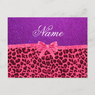 Cartão Postal Nome personalizado arco-leopardo-rosa-brilho-roxa