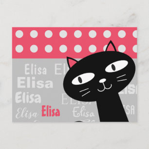 Cartão Postal Nome personalizado de bolinhas cor-de-rosa de gato