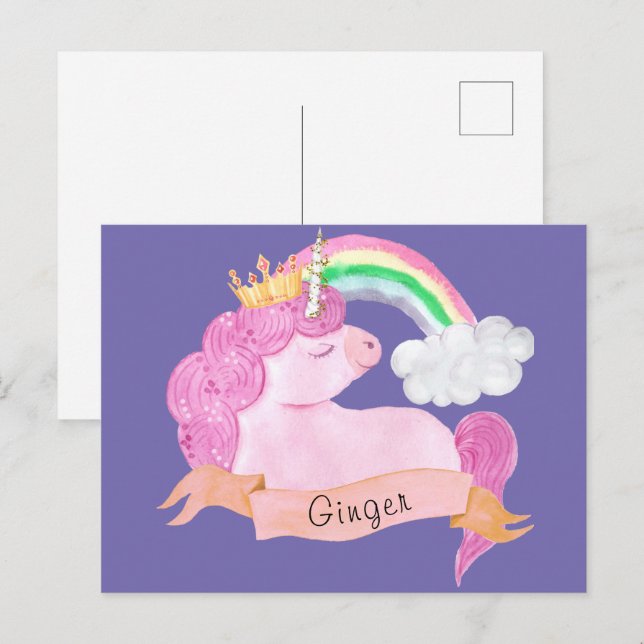 Cartão Postal Nome Personalizado do 🌈 Rainbow Unicorn (Frente/Verso)