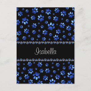 Cartão Postal Nome personalizado, patas de cão com brilho azul