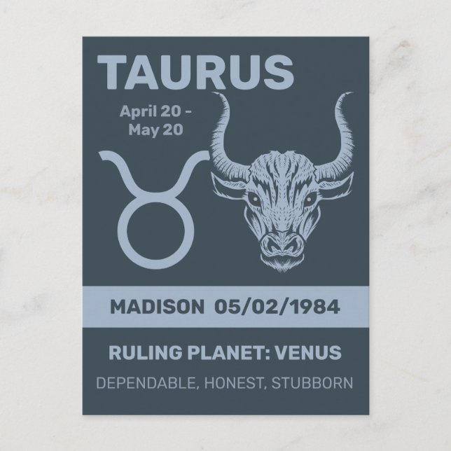 Cartão Postal Nome Personalizado / Sinal de Zodíaco Texto Taurus (Frente)