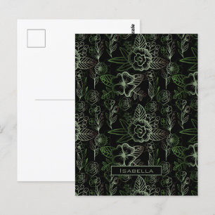 Cartão Postal Nome personalizado verde padrão floral grande